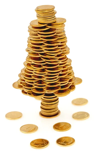 Árvore de Natal feliz feita de moedas de ouro — Fotografia de Stock
