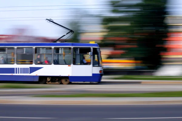 stock image Blue tram rider fast on rails, Wroclaw, Poland