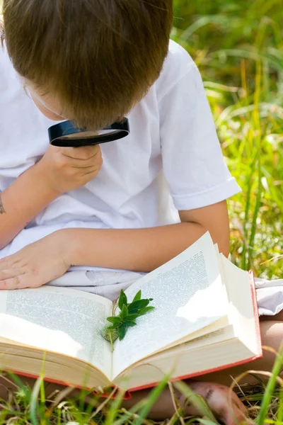 Счастливый мальчик с лупой и книгой — стоковое фото