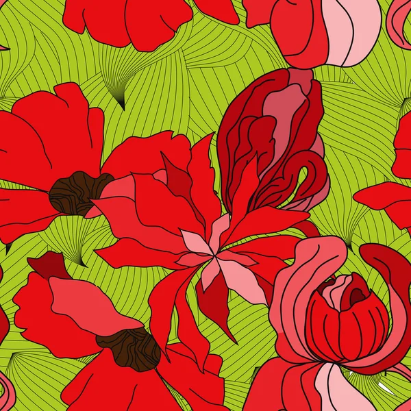Varrat nélküli virágmintás piros virágokkal — Stock Vector