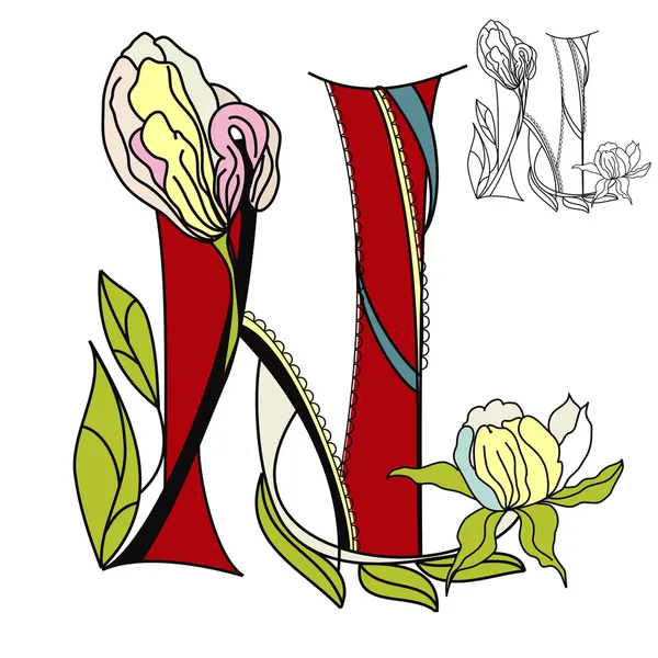 Цветочный шрифт 2. Буква N — стоковый вектор