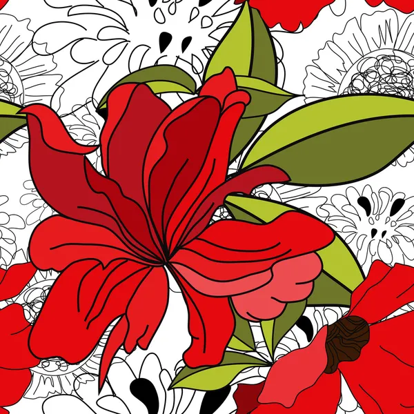 Florales nahtloses Muster mit roten Blumen — Stockvektor