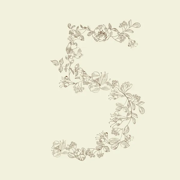 Floral lettertype. nummer 5 — Stockvector