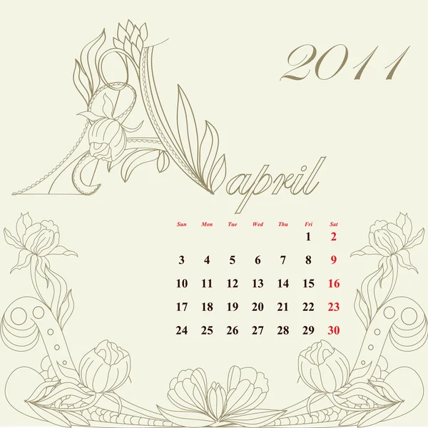 Vintage calendar for 2011, april — Stock Vector