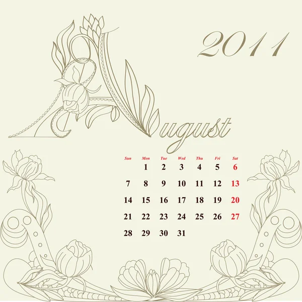 Винтажный календарь на 2011 год, август — стоковый вектор