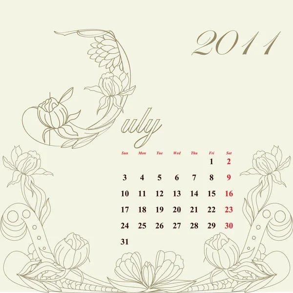 Vintage kalender voor 2011, juli — Stockvector