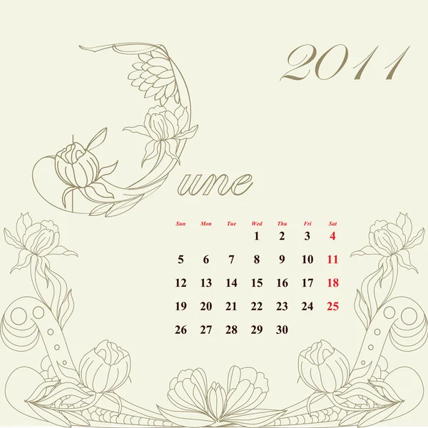 Calendário vintage para 2011, junho — Vetor de Stock