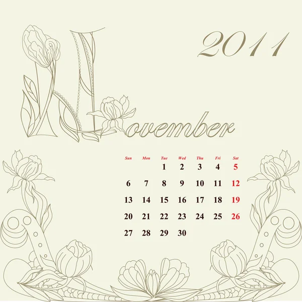 Винтажный календарь на 2011 год, ноябрь — стоковый вектор