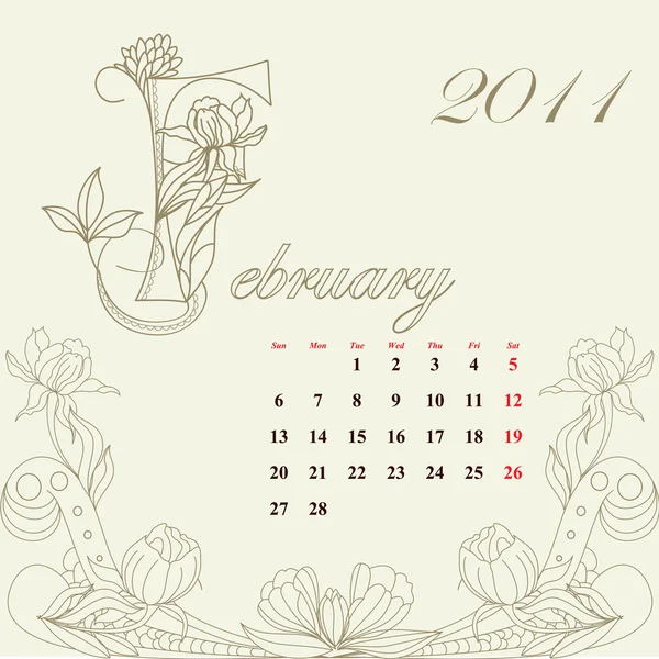 Винтажный календарь на 2011 год, февраль — стоковый вектор