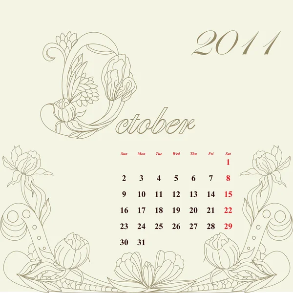 Calendario de la vendimia 2011, octubre — Vector de stock
