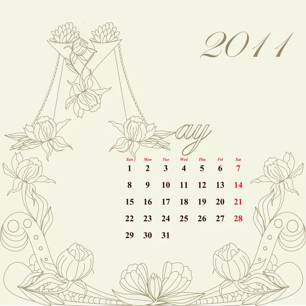 Винтажный календарь на 2011 год, май — стоковый вектор
