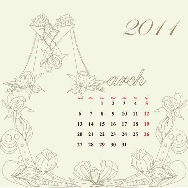 Vintage kalendarz na rok 2011, Marzec — Wektor stockowy