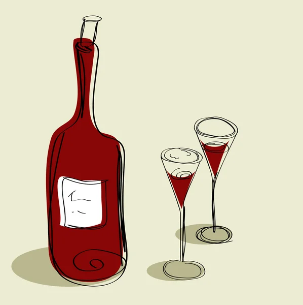 Bottiglia per vino e due bicchieri — Vettoriale Stock
