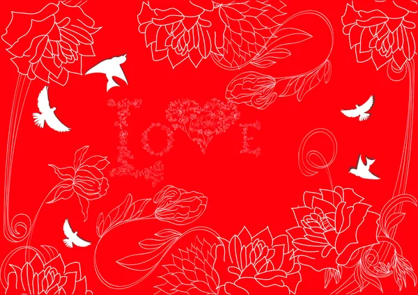 Roter Hintergrund mit Vintage-Blumen und Vogel — Stockvektor
