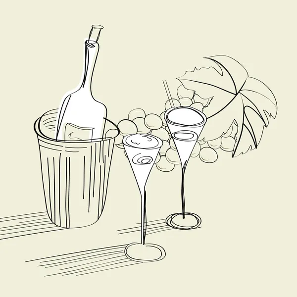 Boceto con botella y dos vasos — Archivo Imágenes Vectoriales