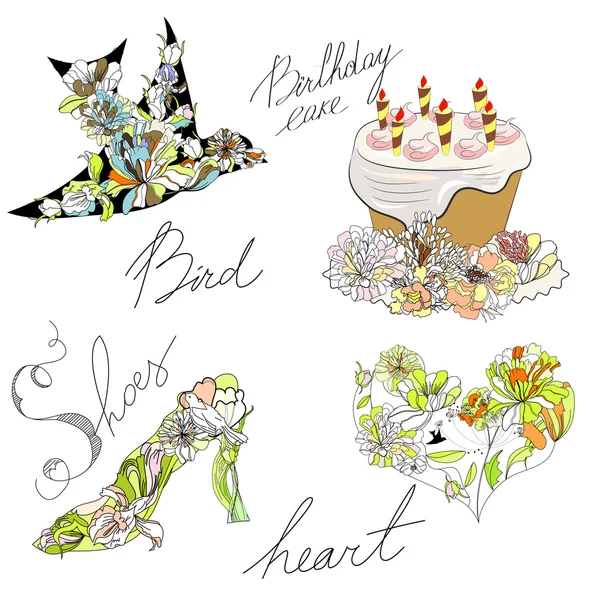 Oiseau, gâteau, coeur, chaussures — Image vectorielle