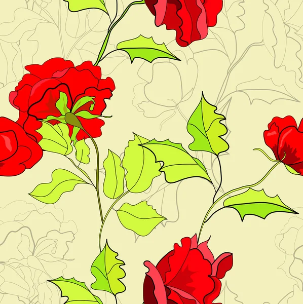 Άνευ ραφής ταπετσαρία με κόκκινα τριαντάφυλλα — Διανυσματικό Αρχείο