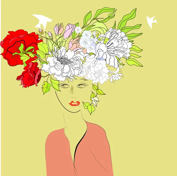 Krásná dívka s květinovými vlasy — Stockový vektor