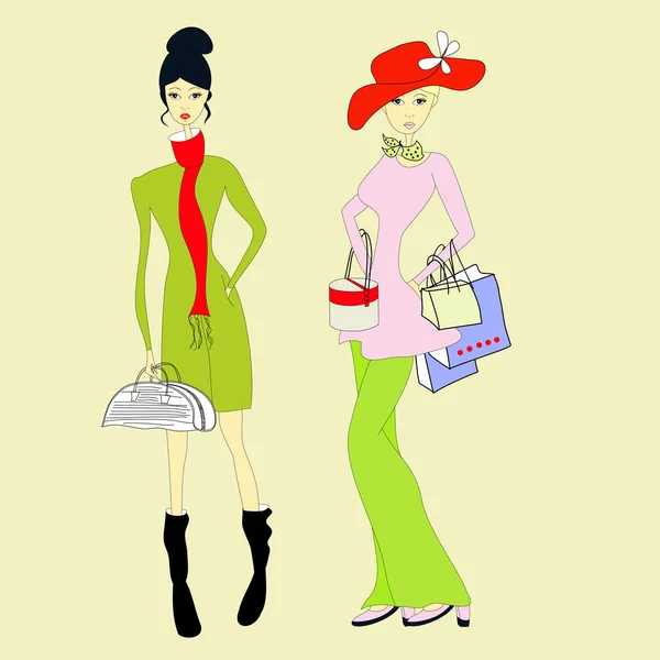 两个年轻妇女与购物袋 — 图库矢量图片