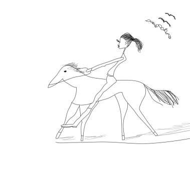 Sketch. Young girl riding horse clipart