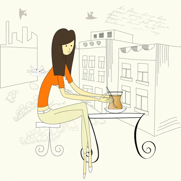 Fiatal nő iszik egy csésze tea — Stock Vector