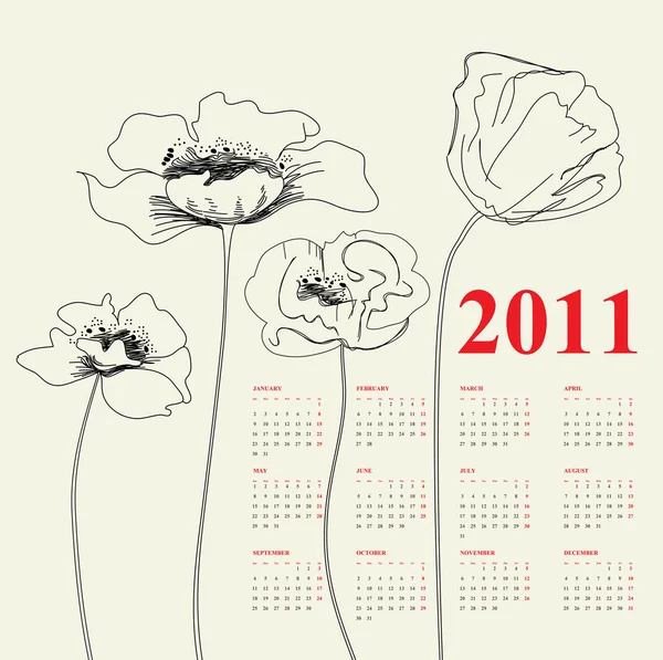 Kalendář na rok 2011 s makovými květy — Stockový vektor