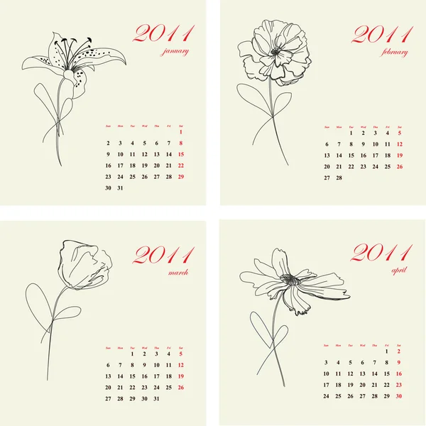 Kalender mit Blumen für 2011. Teil 1 — Stockvektor
