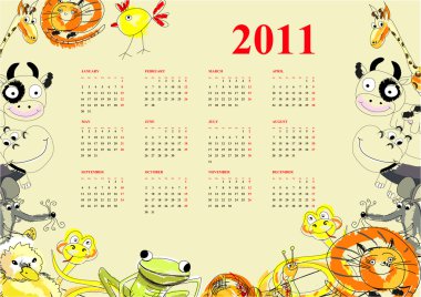 Calendar with animals for 2011 clipart