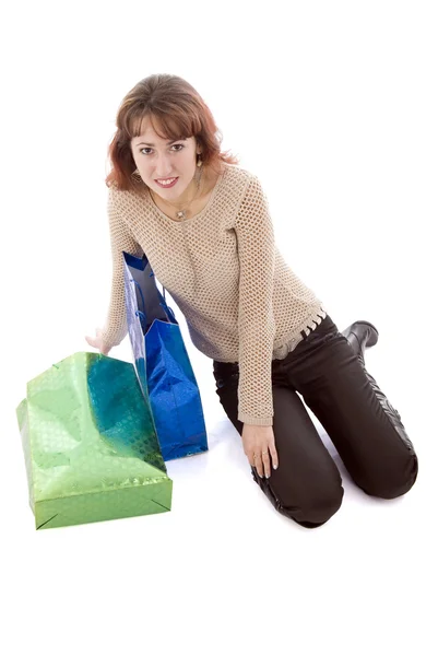 Iki alışveriş torbaları ile kız — Stok fotoğraf