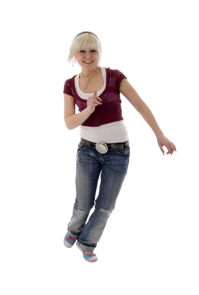 Run Blonde Jeans Girl — Stock Photo, Image