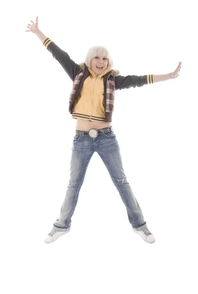 Jumping Jeans Blonde Girl — Stock Photo, Image
