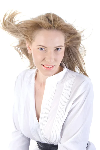 Blond flicka flygande hår porträtt. — Stockfoto