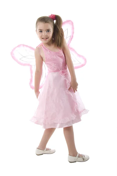 Rózsaszín pillangó, kicsi lány. — Stock Fotó