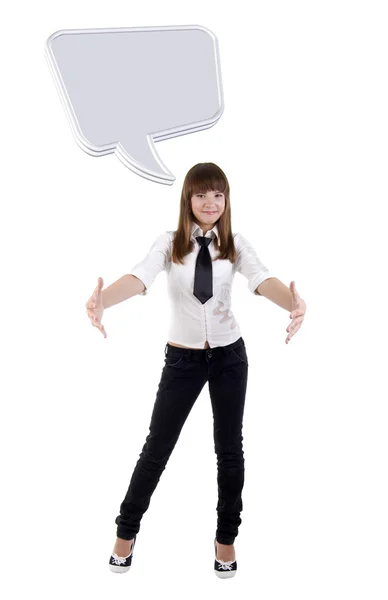 Open Arm Office Girl With Message — Stock Photo, Image
