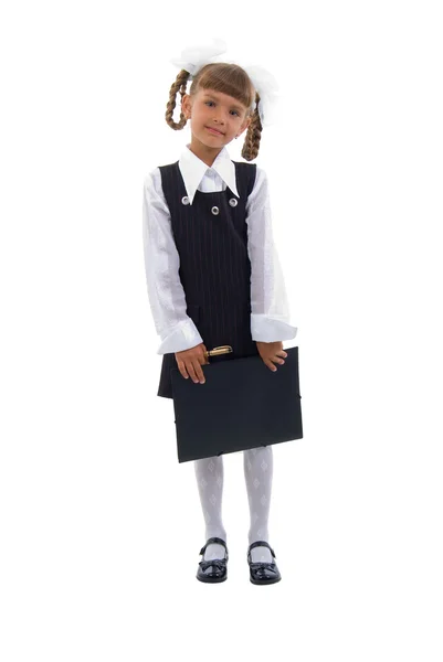 Pequena estudante com pasta preta . — Fotografia de Stock