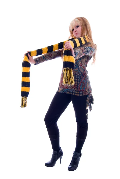 Blonde Girl In Black Yellow Scarf. — Stock Photo, Image