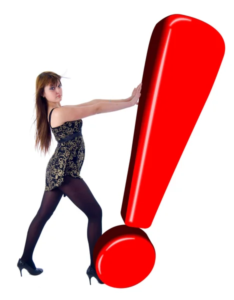 Girl, Pushing Red Exclamation Sign. — Stock Photo, Image