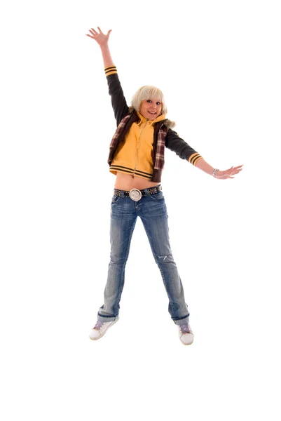 Jumping Jeans Blonde Girl. — Stock Photo, Image