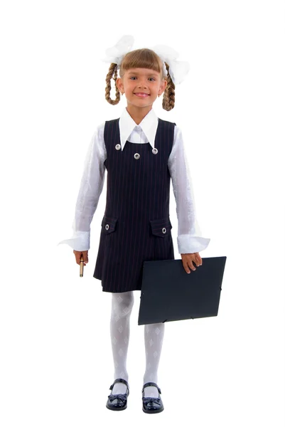 Petite écolière avec dossier noir . — Photo