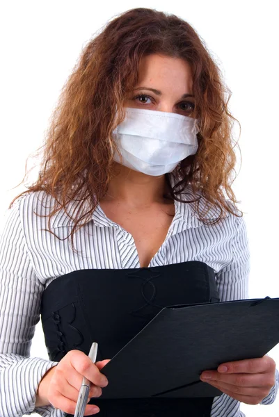 Büromädchen in Medizin-Maske. — Stockfoto