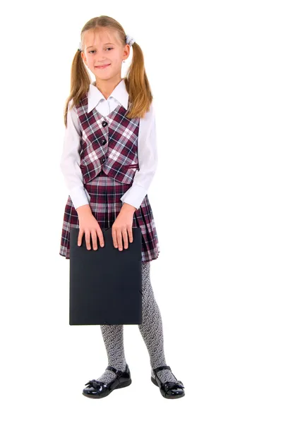 Malá školačka s černým složky. — Stock fotografie
