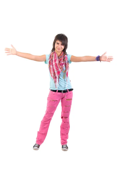 Девочка с открытой рукой в розовых джинсах . — стоковое фото