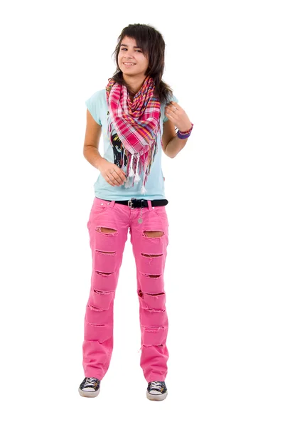 Atraktivní dívka v roztrhané džíny růžová. — Stock fotografie