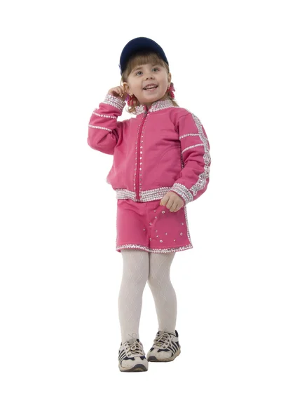 Klein meisje in roze jeans kostuum. — Stockfoto