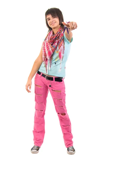 Ung flicka i en sönderriven rosa jeans. — Stockfoto