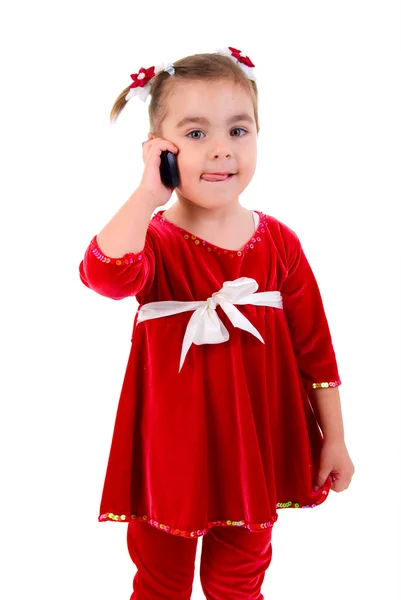 Liten flicka med telefonen porträtt. — Stockfoto