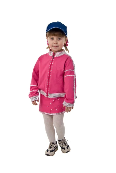 Roze kostuum lachende meisje. — Stockfoto