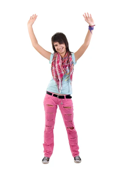 Otevřenou náručí dívka v růžových roztrhané džíny. — Stock fotografie