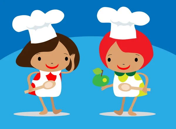 Ragazze chef in un grembiule e cuochi cappello, tenendo un cucchiaio — Foto Stock