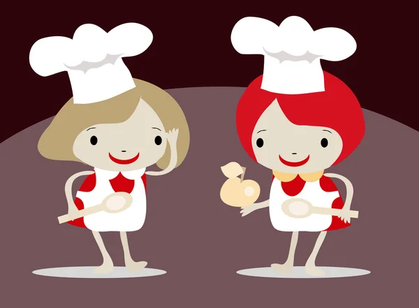 Chef van de meisjes in een schort en chef-koks hoed, bedrijf van een lepel — Stockfoto